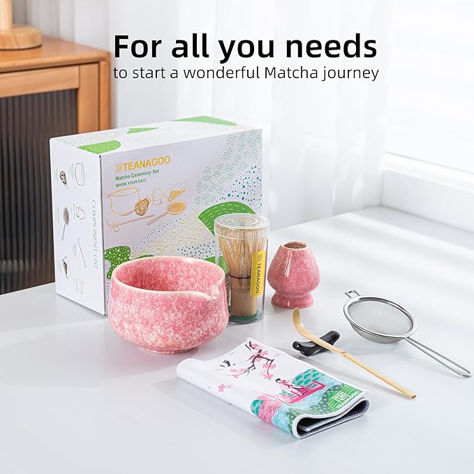 TEANAGOO Matcha Whisk Set,7 Pcs Matcha Set Pink for Making Latte,Ceramic Bowl(chawan) whith Spout and Whisk,Gift for Friend/Family