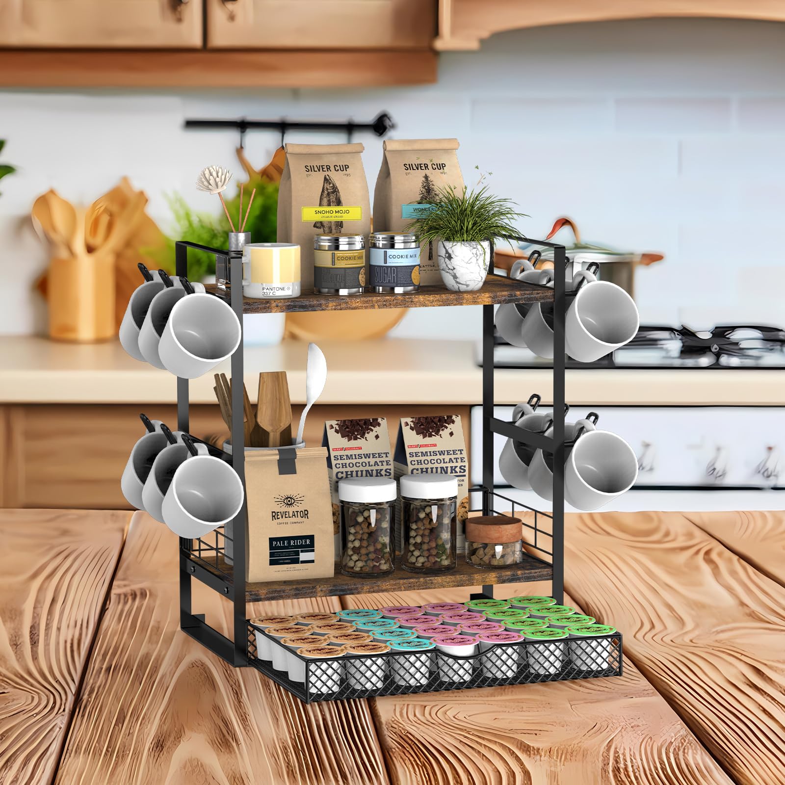 OGEMXU Coffee Station Organizer, 3 Tier Bar Organizer for Countertop, Mug Cup Holder Stand With 12 Hooks and 28 K Cup Storage for Kitchen, Home & Office, Rustic Brown