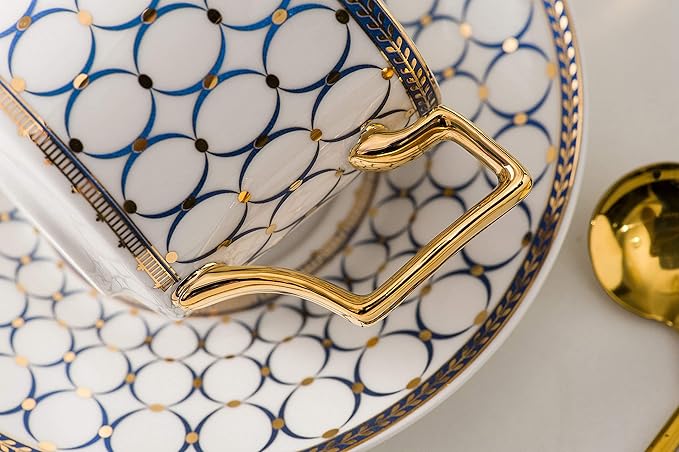 CwlwGO-European style cup and saucer set, 7 oz (about 198.4 grams) bone china exquisite glazed platinum tea cup and saucer (two sets), golden spoon, mug, cappuccino, latte, MOCHA, elegant female suit.