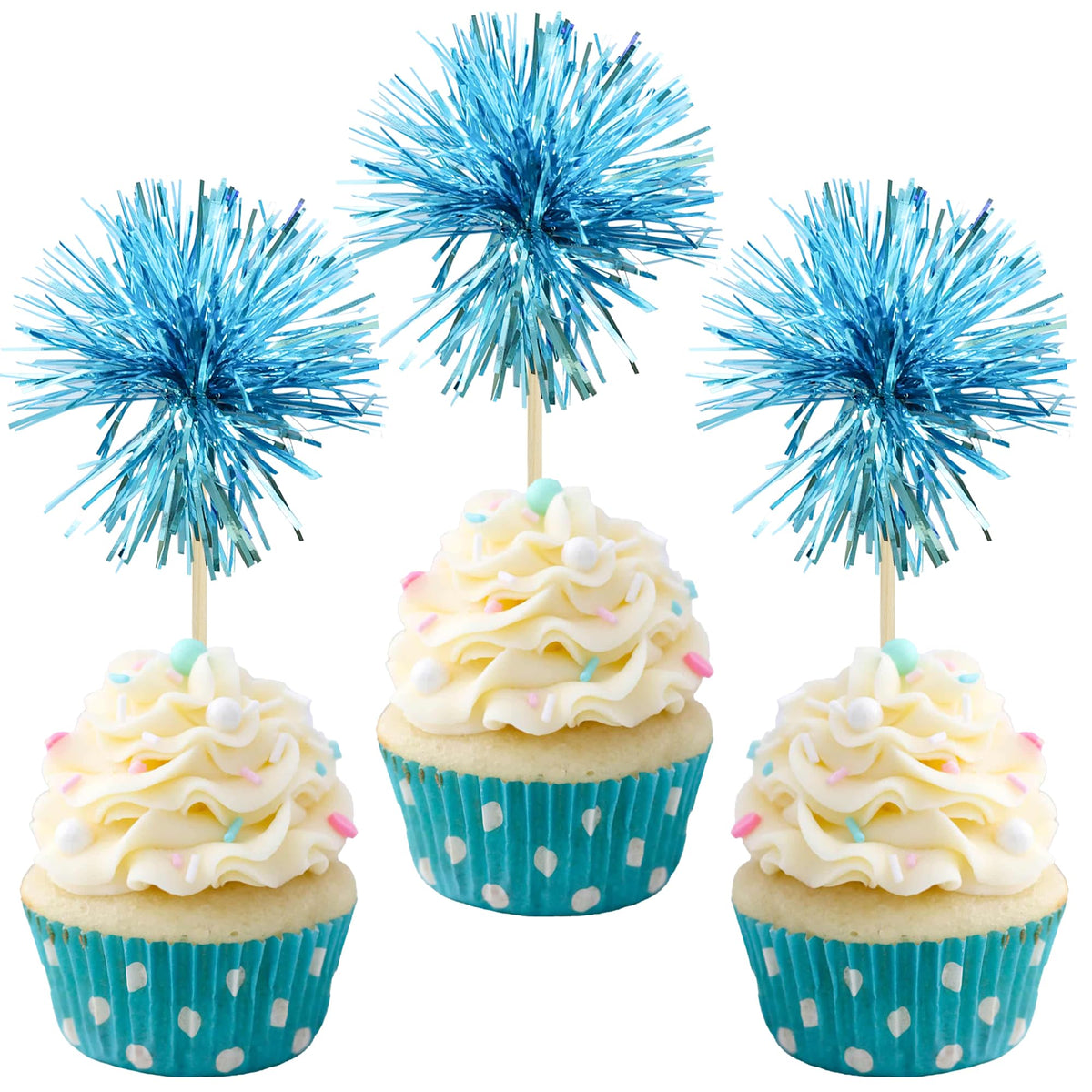 Gyufise 30Pcs Foil Firework Cupcake Toppers Sparkle Tinsel Cake Toppers Tinsel Drink Cake Decoration Cocktail Picks for Birthday Wedding Graduation Party Supplies Dark Blue