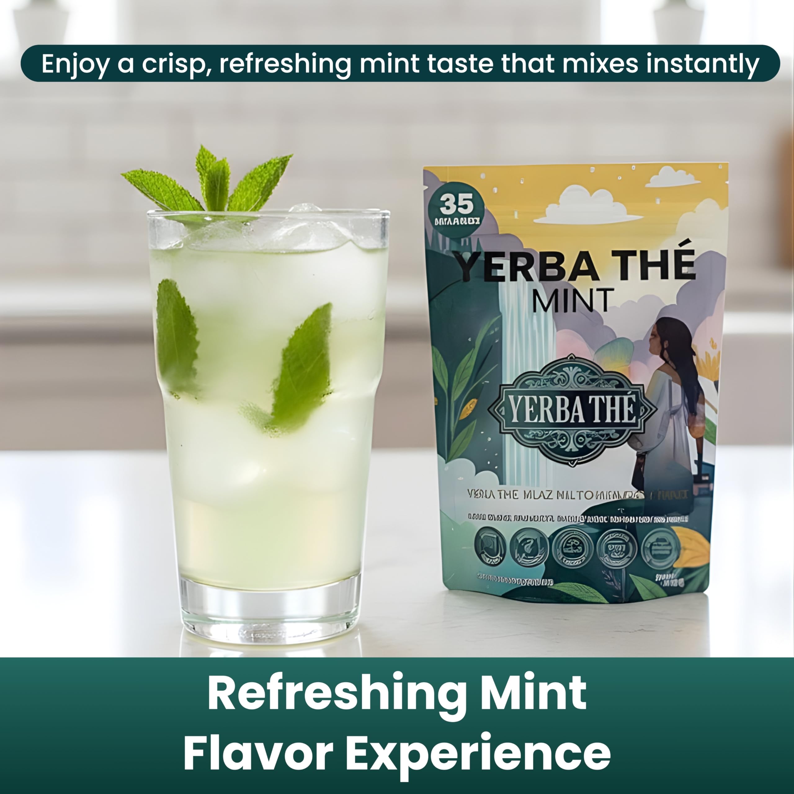 Yerba Mate Instant Tea Powder - Sugar Free Organic Yerba Mate Tea 350g - Supports Gut Health with Probiotics & Prebiotics, Brain Fog Relief, Clean Energy, Focus & Relaxation - Mint - 35 Servings