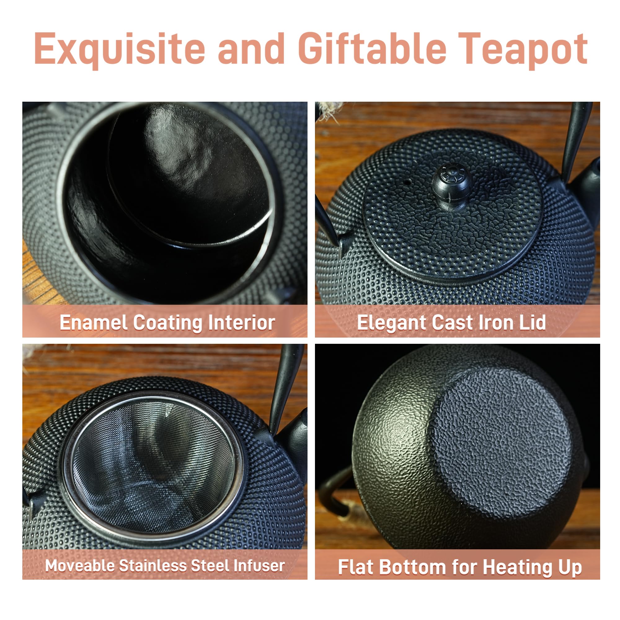 20.3oz Only, Small Tea Kettle for 1-2 Cups, Japanese Tetsubin, Cast Iron Teapot with Stainless Steel Infuser for Loose Leaf & Coffee, Tea Pot for Stovetop Safe, Enamel Interior(Black, 600ml)