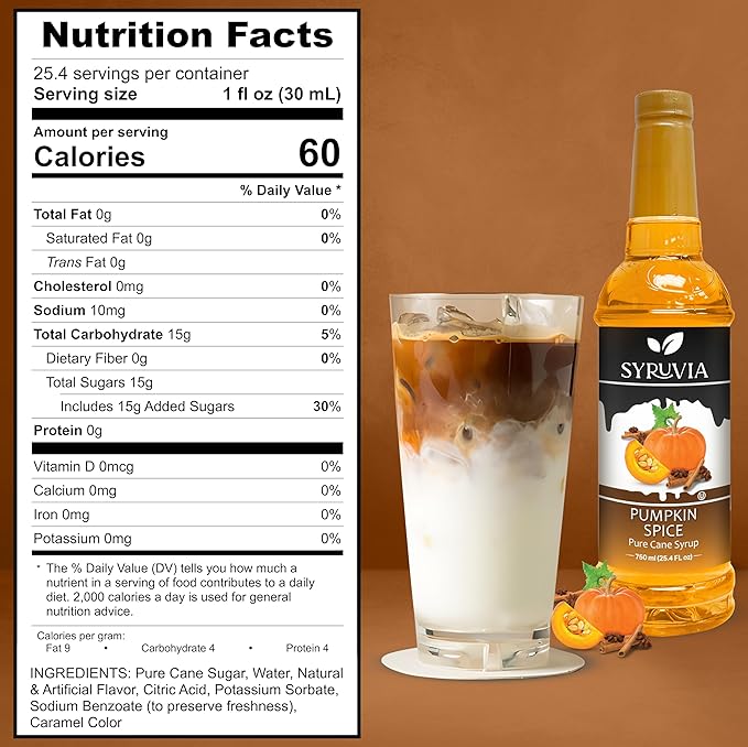 Syruvia Pumpkin Spice Syrup – 25.4 fl oz – Syrup for Coffee, Lattes, Shakes, Smoothies, Desserts – 100% Vegan, Gluten Free, Kosher (Pack of 3)