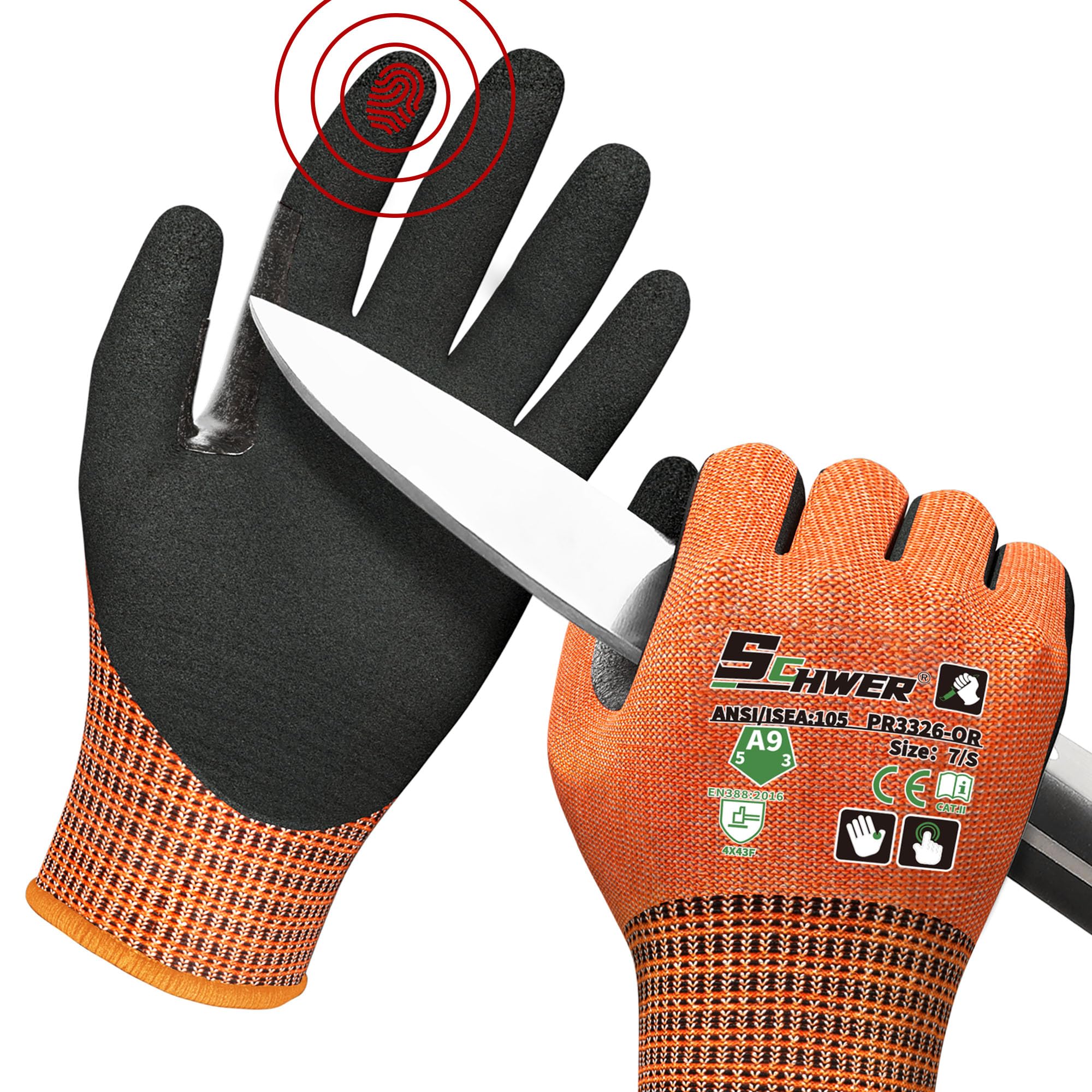 Schwer ProGuard Highest Level Cut Resistant Work Gloves PR3326 for Extreme Protection, ANSI A9 Cut Gloves with Reinforced Thumb, Non Slip, Breathable, Cooling, Durable, Touch-screen, Orange 2 Pairs（S）