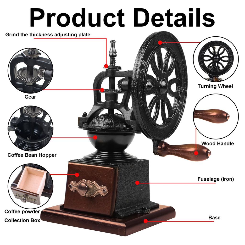 XINQUILIFY Antique Cast Iron Coffee Grinder Hand Crank Flywheel