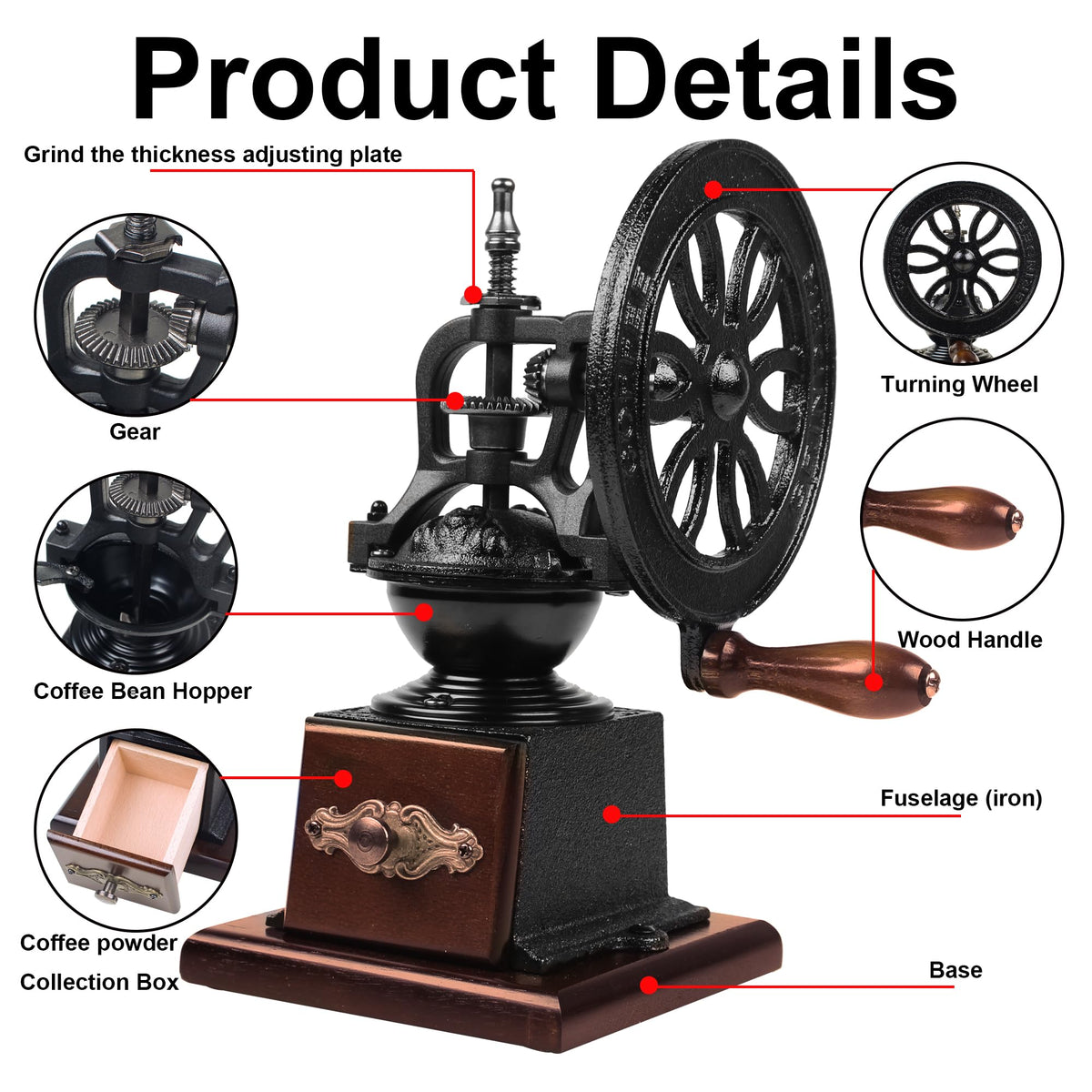 XINQUILIFY Antique Cast Iron Coffee Grinder Hand Crank Flywheel