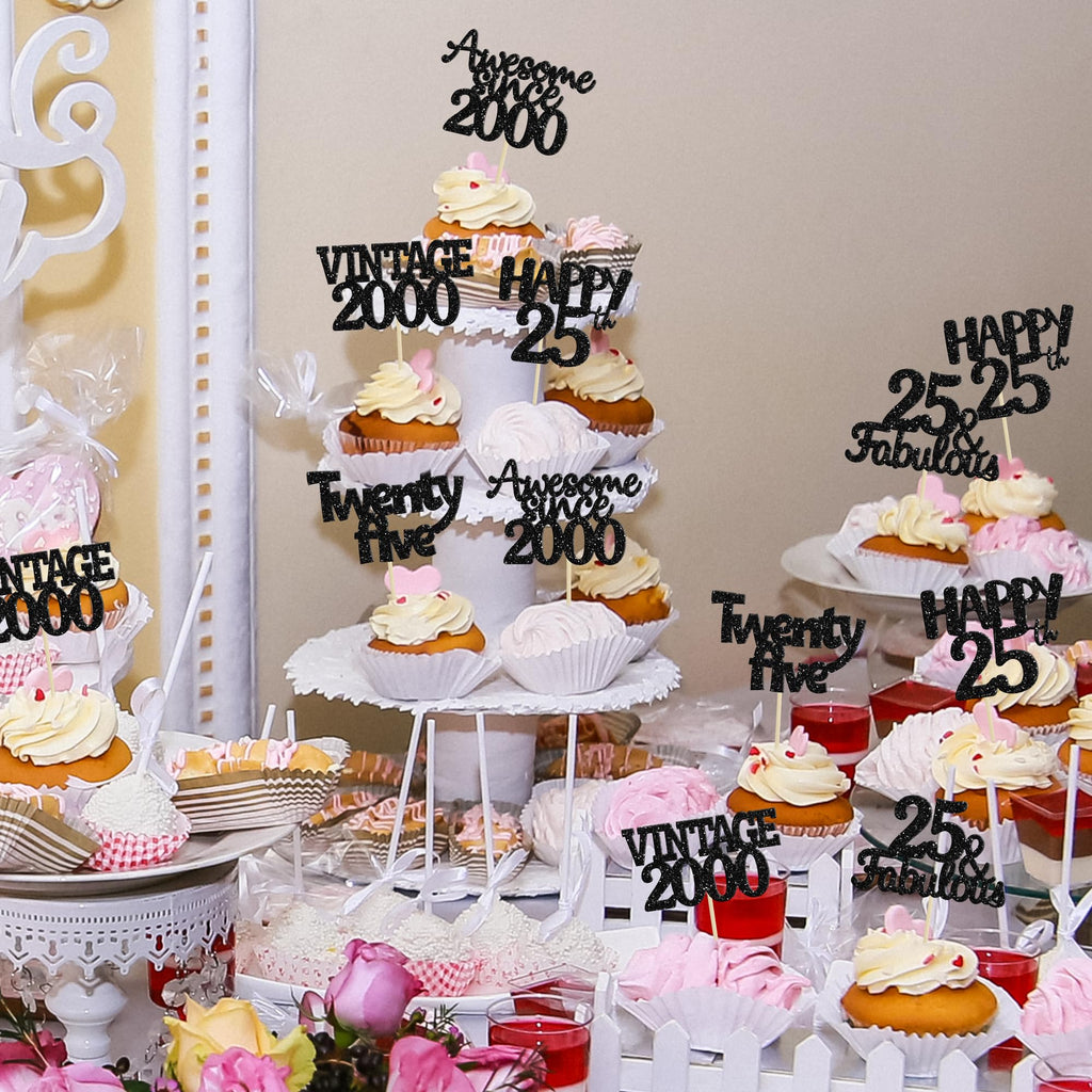 Gyufise 30Pcs Vintage 2000 Cupcake Toppers Glitter 25th Birthday Cake Decorations - Black