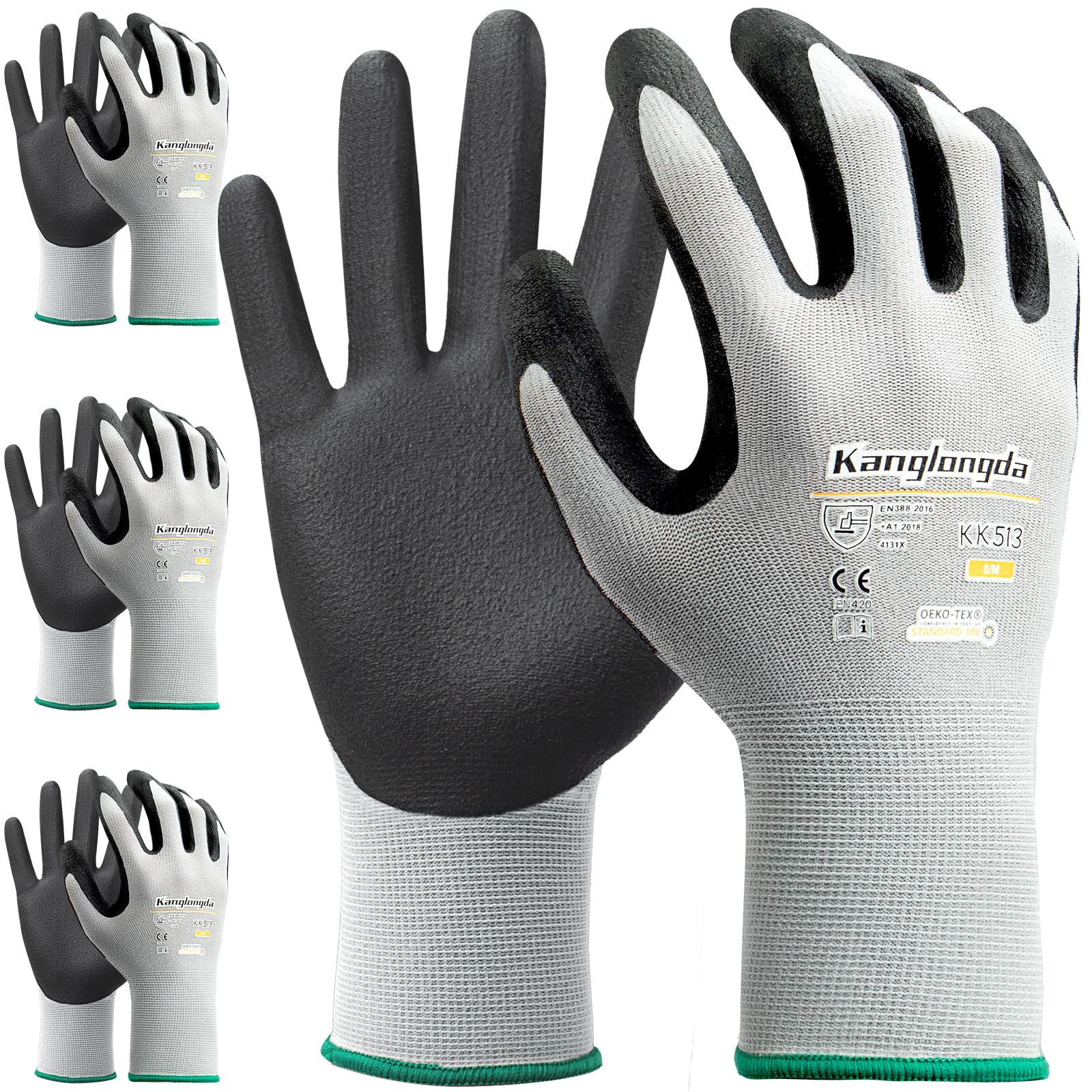 Kebada Work Gloves for Men and Women, Sandy Nitrile Coated, 3 Pairs