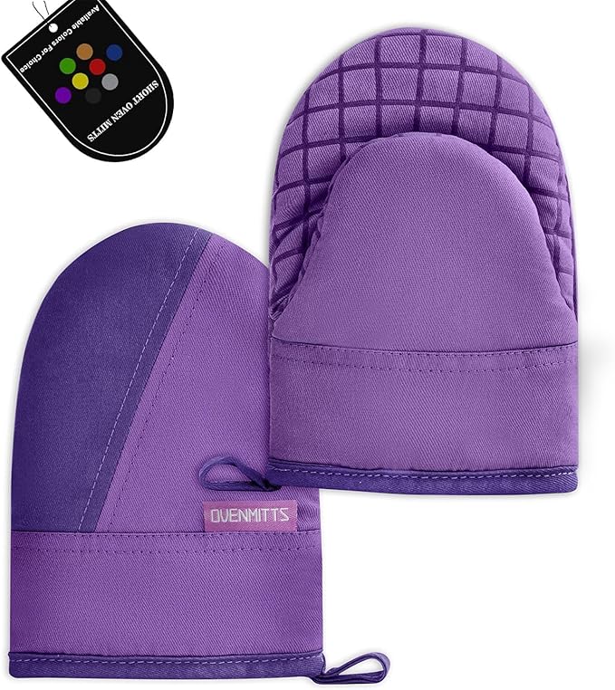 Mini Oven Mitts, Kitchen Oven Gloves Kitchen Mittens 500 Degrees Heat Resistant Baking Gloves, Non-Slip Silicone Surface with Hanging Loops Hot Gloves for Cooking, Baking, BBQ 1 Pair-Purple