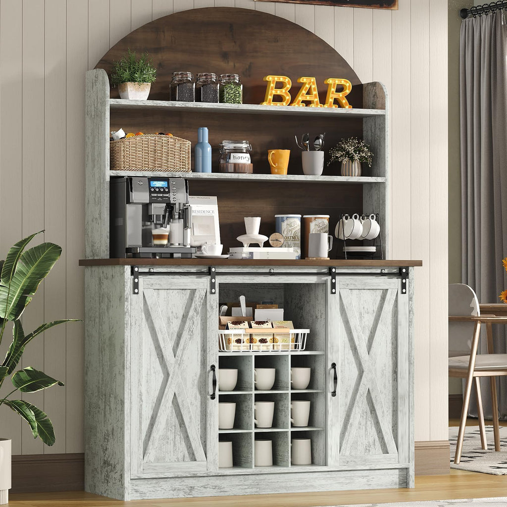 4 EVER WINNER 67-Inch Farmhouse Coffee Bar Cabinet with Storage, Grey