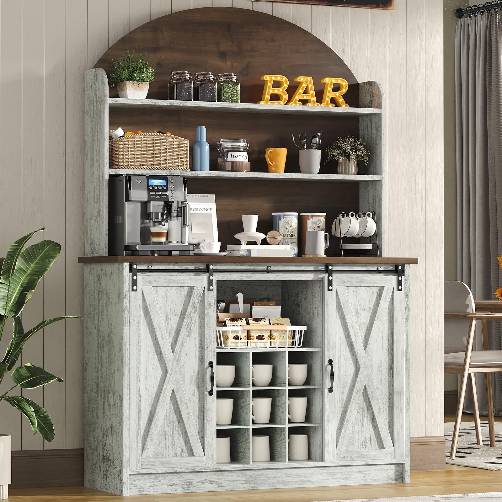 4 EVER WINNER 67-Inch Farmhouse Coffee Bar Cabinet with Storage, Grey