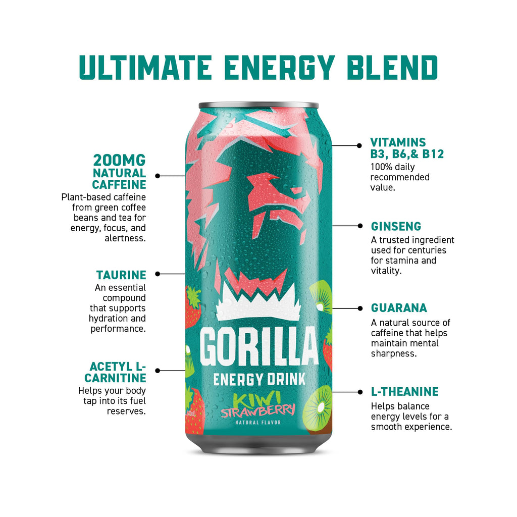Gorilla Energy Drink, Kiwi Strawberry, 200mg Natural Caffeine, Real Fruit Juice Squeezed & Concentrated, L-Theanine, Taurine, Ginseng, Acetyl L-Carnitine, No Added Sugar and No Artificial Colors, 12 Pack