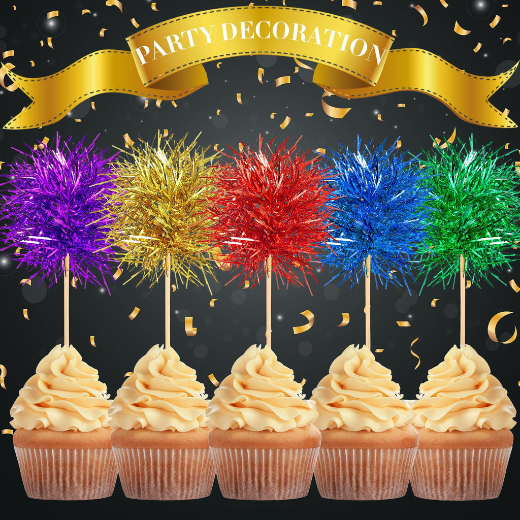 Chinco 100 Pcs Foil Firework Cupcake Toppers Sparkle Tinsel Cake Toppers Cake Decoration Cocktail Fruit Toothpick for Birthday Wedding Graduation Party(Bright Color)