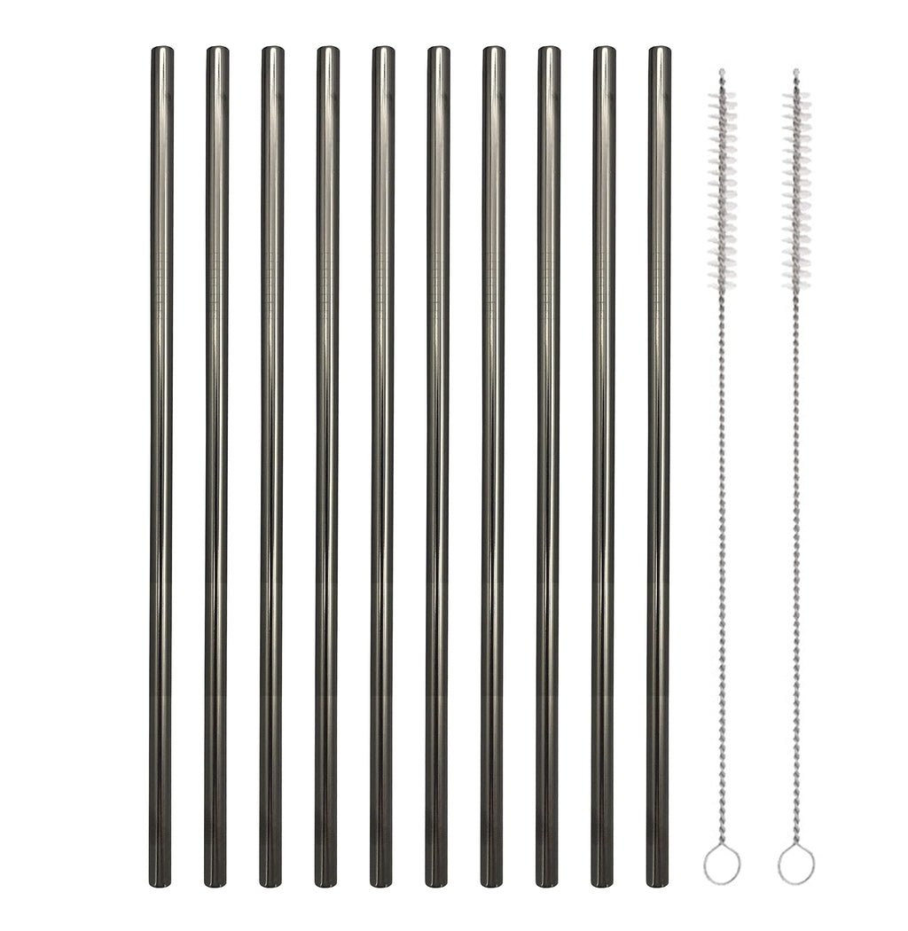 10 Pcs Stainless Steel Straws, Reusable Drinking Straws, Straight Metal Straw Sets with 2 Pcs Cleaning Brushes (8.5 Inch, Black)