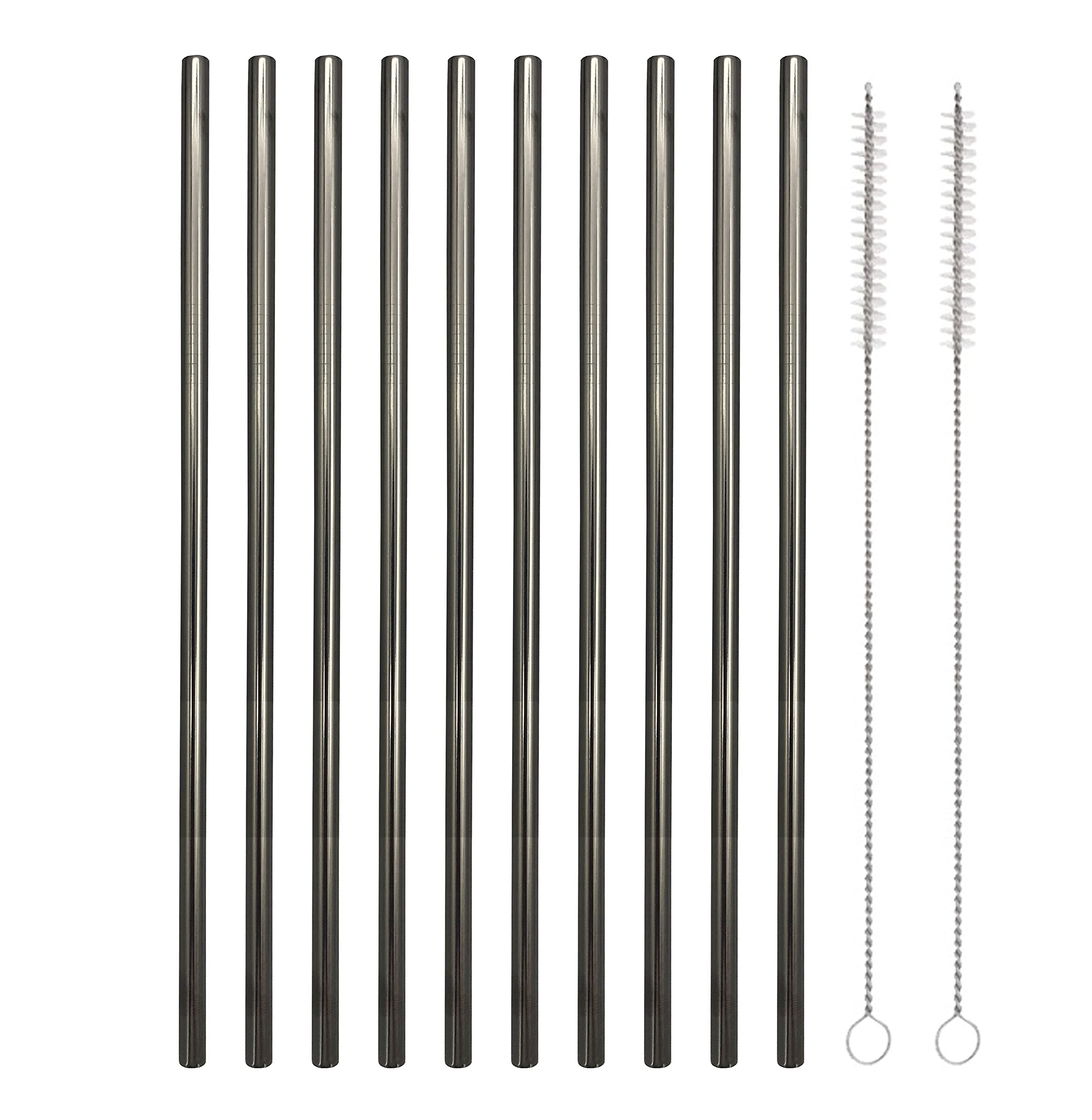 10 Pcs Stainless Steel Straws, Reusable Drinking Straws, Straight Metal Straw Sets with 2 Pcs Cleaning Brushes (8.5 Inch, Black)