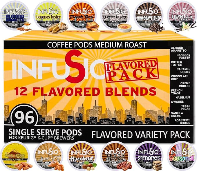 InfuSio Flavored Coffee Pods Variety Pack – 48 Count, 12 Gourmet Medium Roast Dessert-Inspired Blends like Bananas Foster & Crème Brûlée, Compatible with Keurig K-Cup 2.0 Brewers