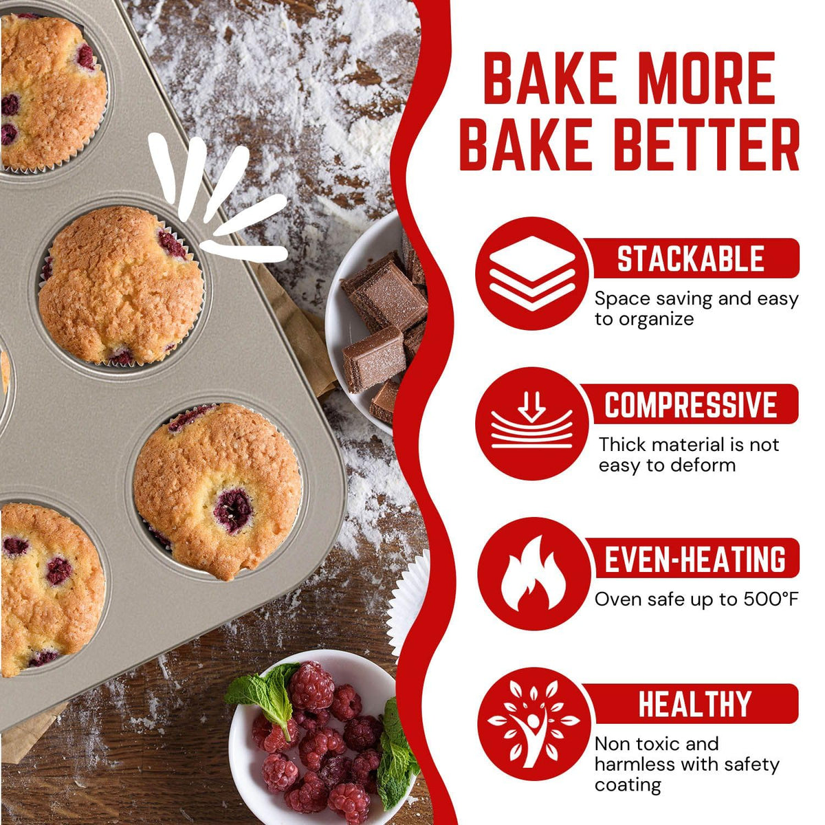 Flexzion 12-Cup Muffin Pans, Nonstick Carbon Steel Bakeware, Gold, 2-Pack
