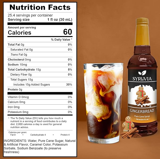 Syruvia Gingerbread Syrup for Coffee 25.4 fl Ounces Gingerbread syrup for Cocktails