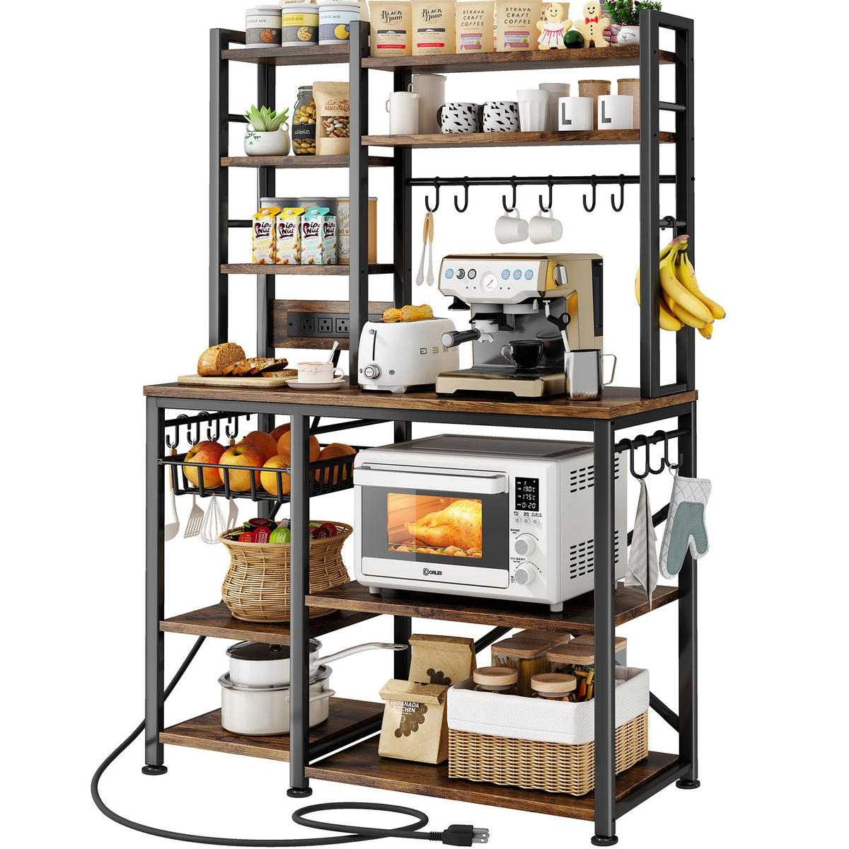 SNTD 6-Tier Bakers Rack with Power Outlets, 36 x 14.6 x 72 in, Rustic Grey