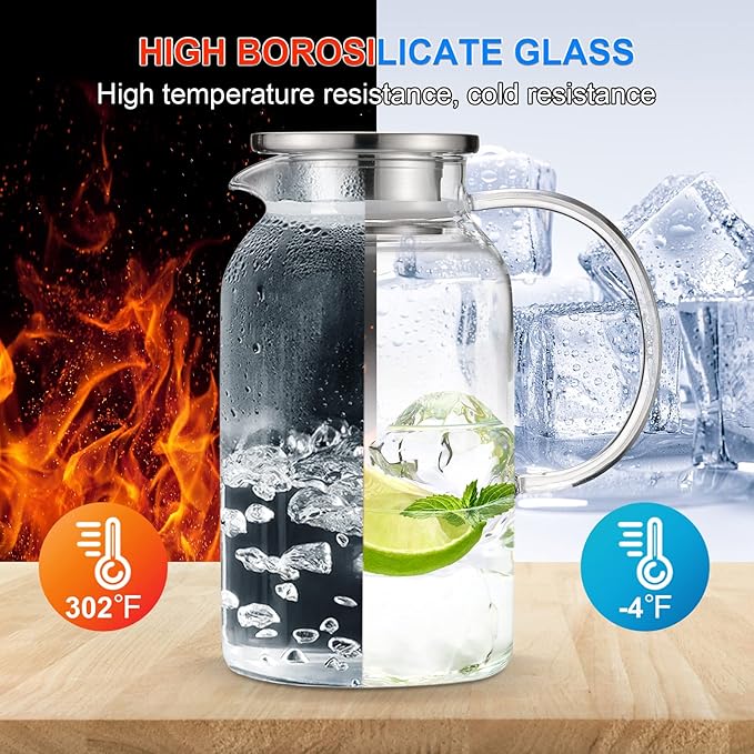 PARACITY Glass Pitcher with Lid, Hot& Cold Glass Water Pitcher with Handle, Iced Tea Pitcher Carafe for Coffee, Juice, Lemonade and Milk 61oz/ 1.8L…