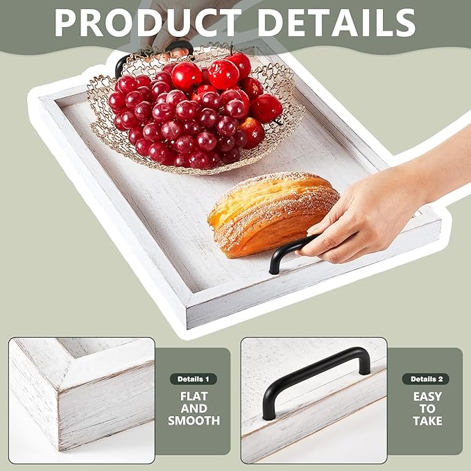 Lallisa 4 Pcs Large Wooden Serving Tray Decorative 15.8 x 11.8 x 1.2 Inch Ottomantray Rustic with Handles Coffee Table Decor Wood Tray Kitchen Platter for Party Tables Breakfast Wedding (White)