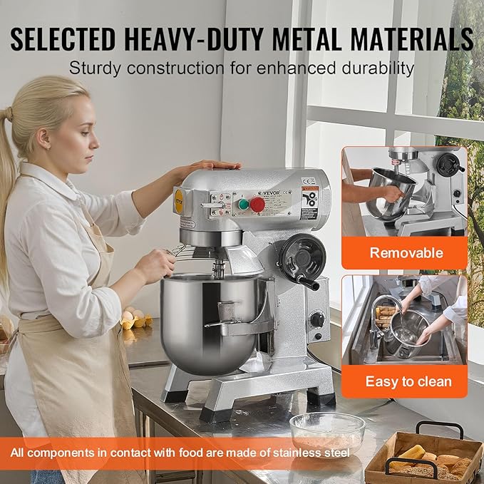 VEVOR Commercial Mixer 30Qt, Commercial Food Mixer Stainless Steel Bowl, 1100W Commercial Stand Mixer with 3 Speeds Adjustable, Dough Hook Whisk Beater Included, Perfect for Bakery Pizzeria, Silver