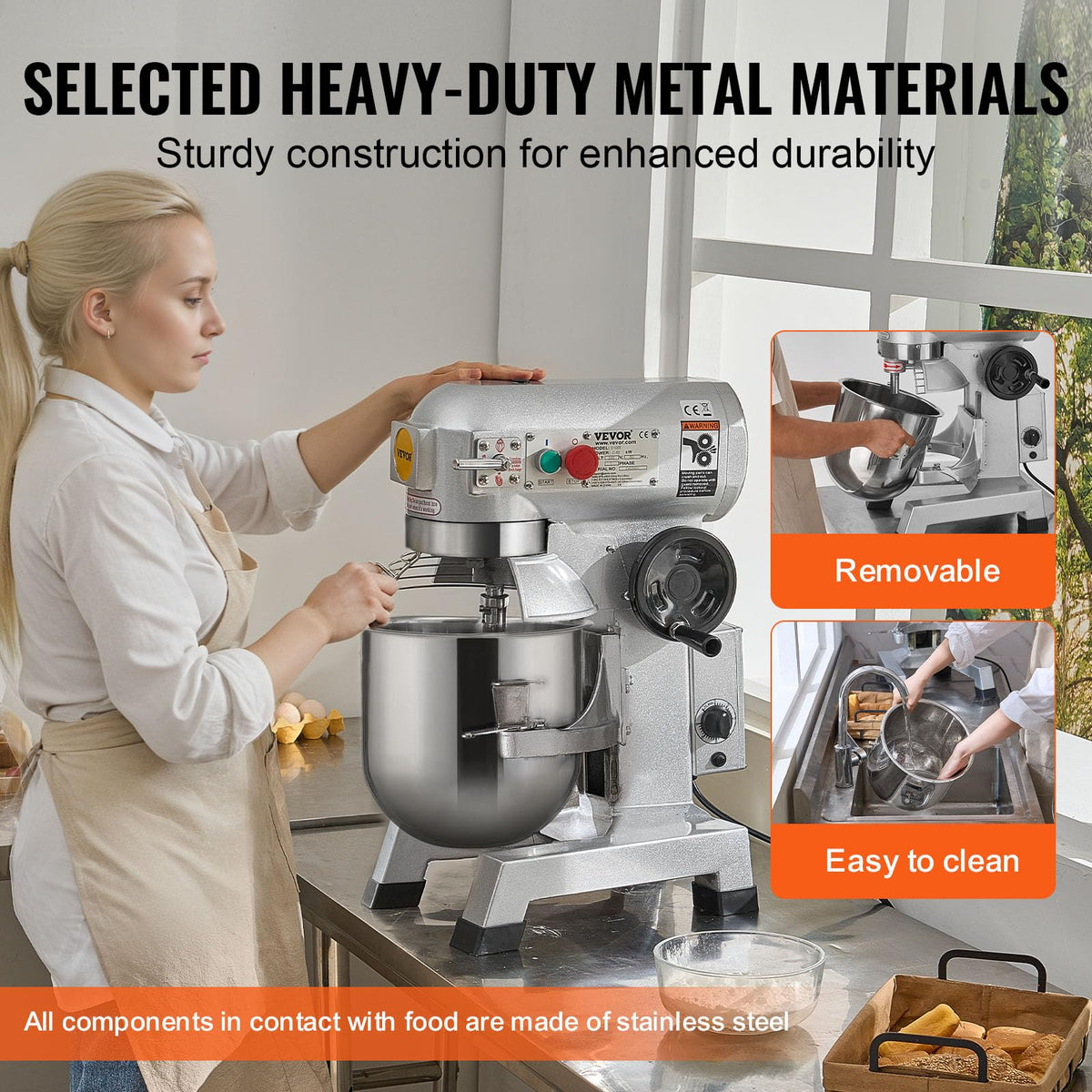 VEVOR Commercial Mixer 30Qt, Commercial Food Mixer Stainless Steel Bowl, 1100W Commercial Stand Mixer with 3 Speeds Adjustable, Dough Hook Whisk Beater Included, Perfect for Bakery Pizzeria, Silver