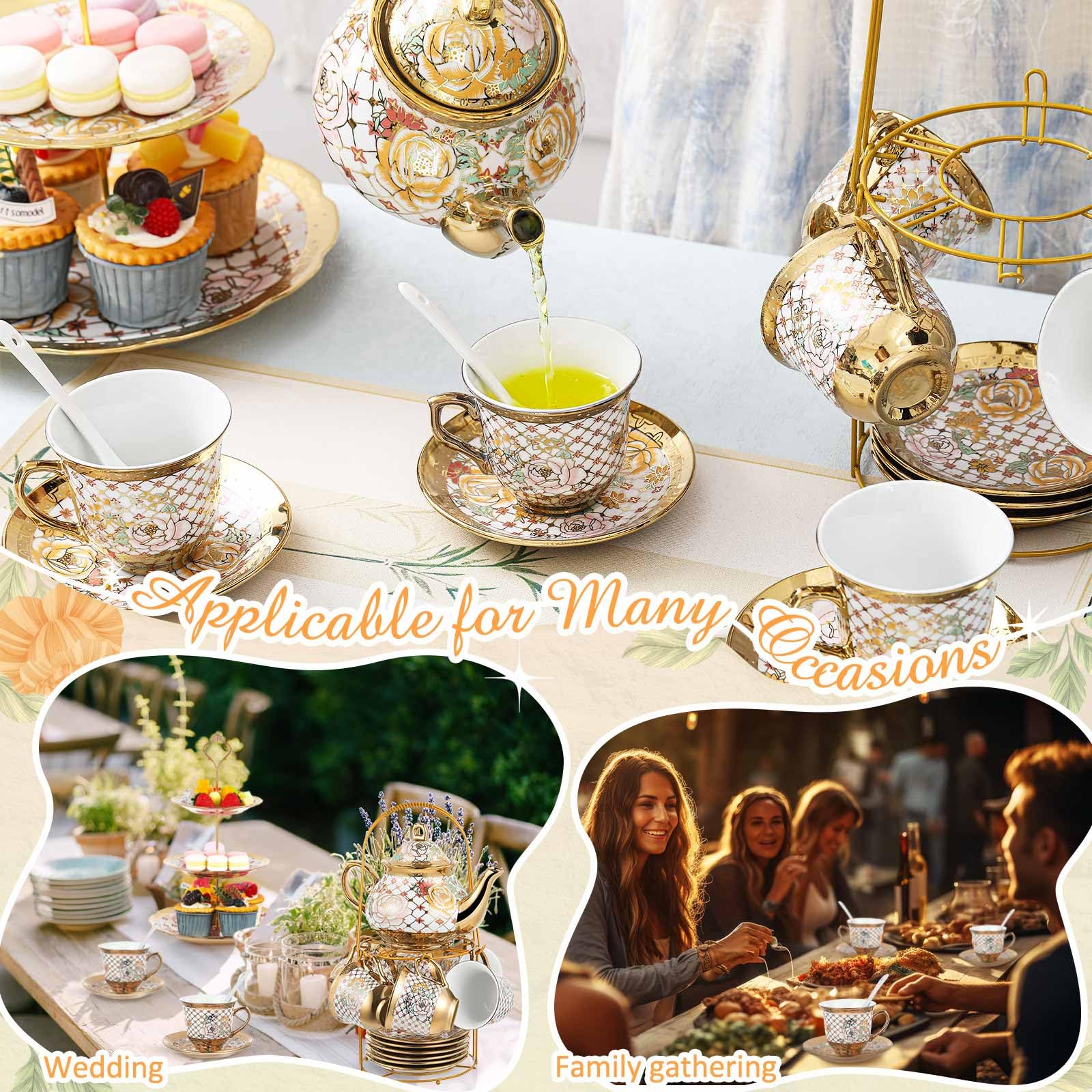 Maxcheck 21 Pcs Porcelain Tea Set for Women Tea Party with Metal Holder and 3 Tier Cake Stand Ceramic European Floral Teapot Set for Adults Mother's Day Christmas Thoughtful Gift(Stylish Style)