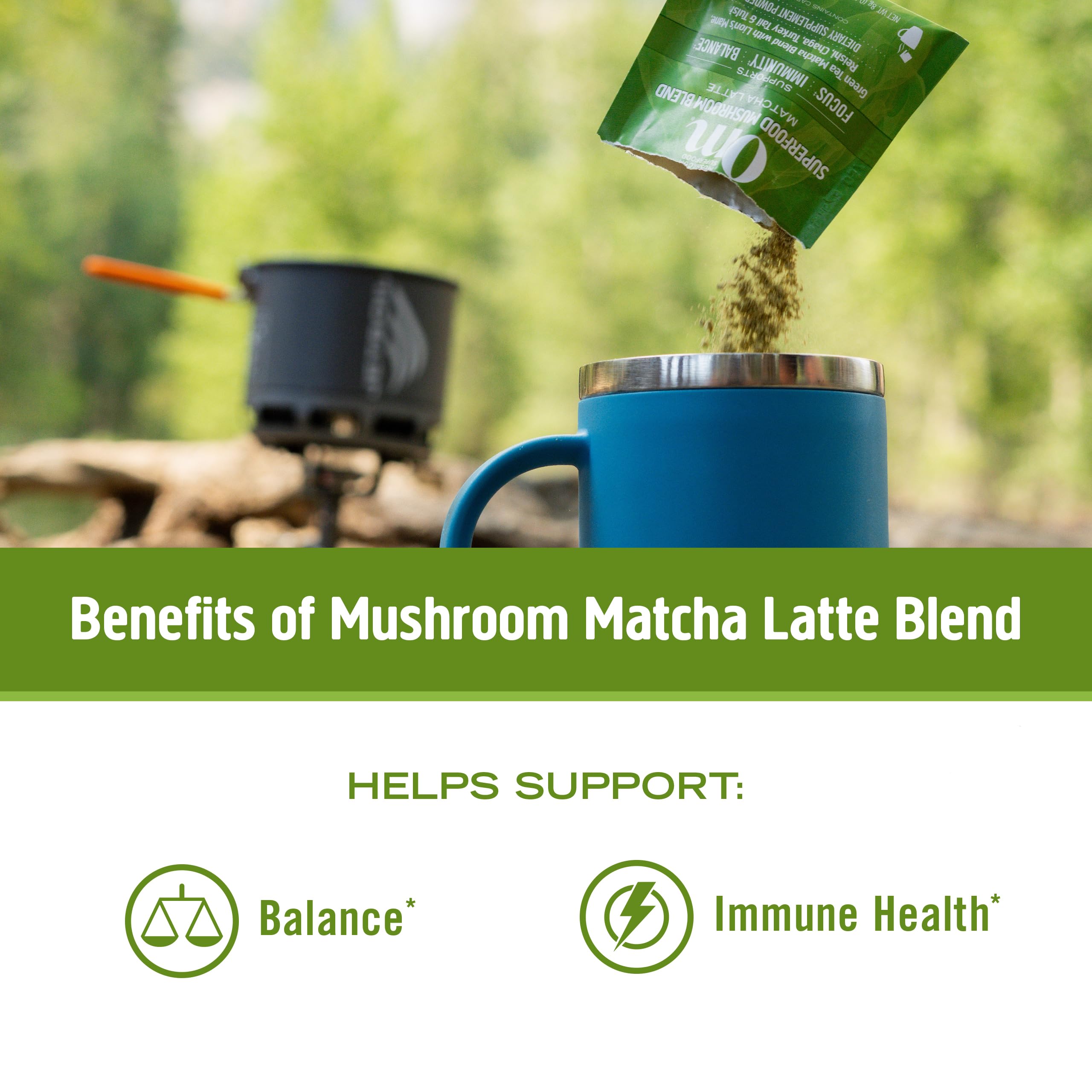 OM MUSHROOM SUPERFOOD Matcha Latte Blend – Green Tea Mushroom Powder with Lion’s Mane, Reishi, Chaga & Turkey Tail – Focus, Calm & Stress Support – 8.47 oz Canister (30 Servings)