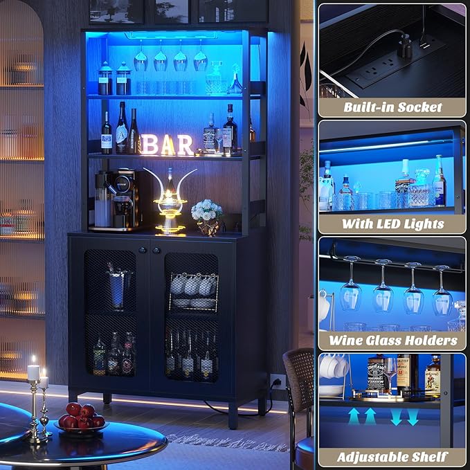 Aheaplus Bar Cabinet with Power Outlets, 67" Tall Wine Bar Cabinet Liquor Cabinets with LED Lights and Glass Holder, Coffee Bars Station for Living Room, Microwave Stand Bakers Rack Cabinets, Black