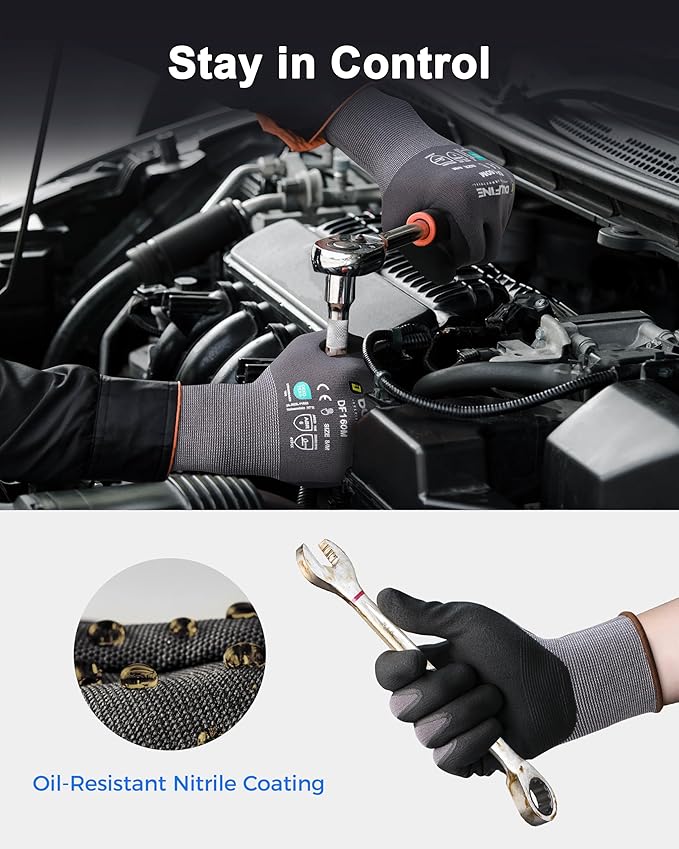 DULFINE Safety Work Gloves MicroFoam Nitrile Coated-3 Pairs Pack,Red Seamless Knit Nylon Glove with Black Micro-Foam Nitrile Grip,Ideal for General Purpose,Automotive,Home Improvement,Painting(Large)