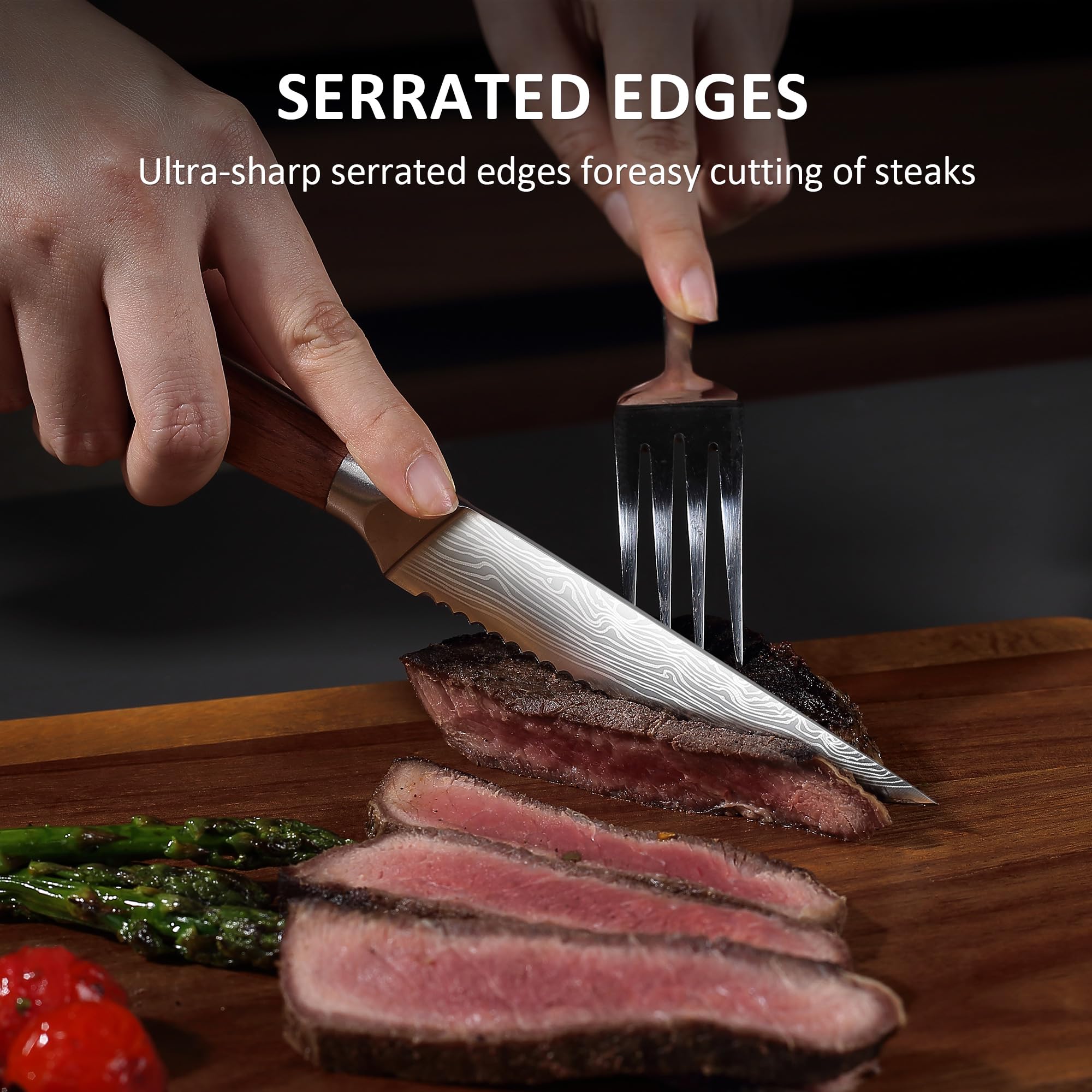 YOTSUBA Steak Knives Set of 6, Razor-Sharp 4.5 Inch Japanese Serrated Steak Knife Set, Full Tang Forged High Carbon Steel Dinner Knives with Ergonomic Handle and Gift Box