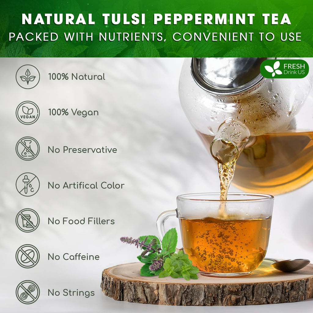 FreshDrinkUS, Premium Tulsi Peppermint Herbal Tea – 75 Bags, 100% Nature. Made with Natural Material. No Sugar, Vegan.