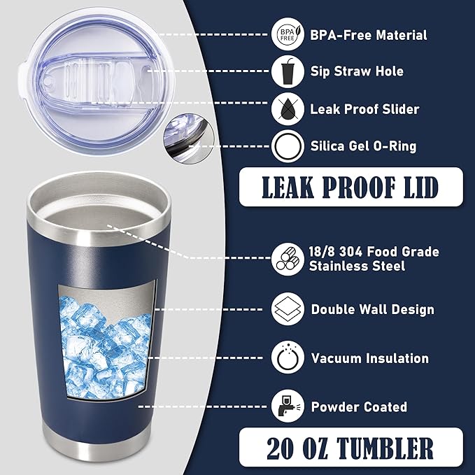 20 oz Tumbler Coffee Tavel Tumblers Bulk with Lid Stainless Steel Double Wall Vacuum Insulated Mug Powder Coated Cups fit Car Cupholder for Hot and Cold - Navy, 12Pack
