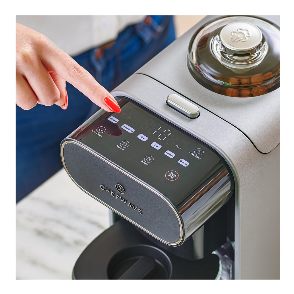 ChefWave Milkmade Soy Milk Maker 6-in-1 Vegan Plant-Based Milk Machine with Auto Clean, and Delay Start, Almond, Oat, Soy, Cashew, Coconut, Macadamia Milk Maker with Nut Platter (Silver/Black)