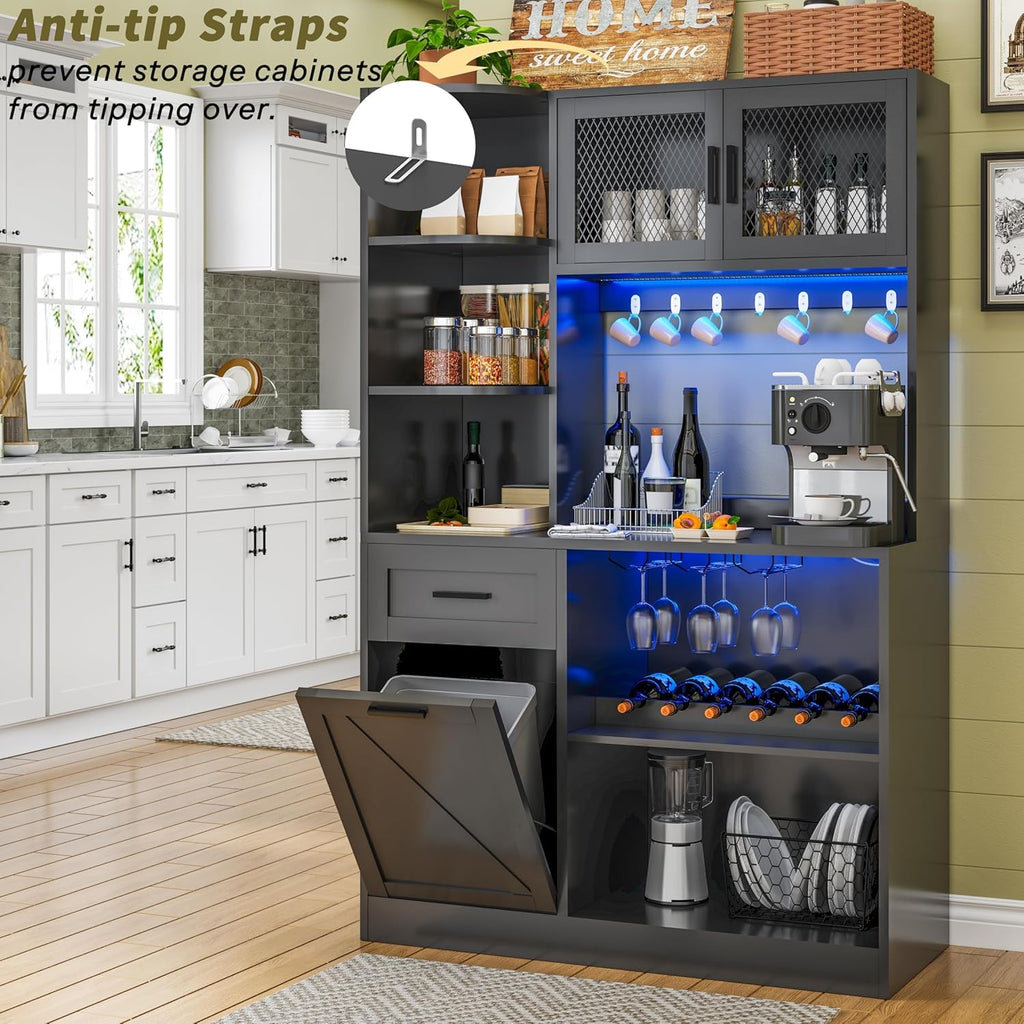 DynJest 67.3" Tall Modern Black Kitchen Pantry Storage Cabinet with Drawer and Shelves, Tilt Out Trash Can, Coffee Bar Wine Cabinet with LED Lights and Power Outlet, Wine Glass Rack, 2 Mesh Doors