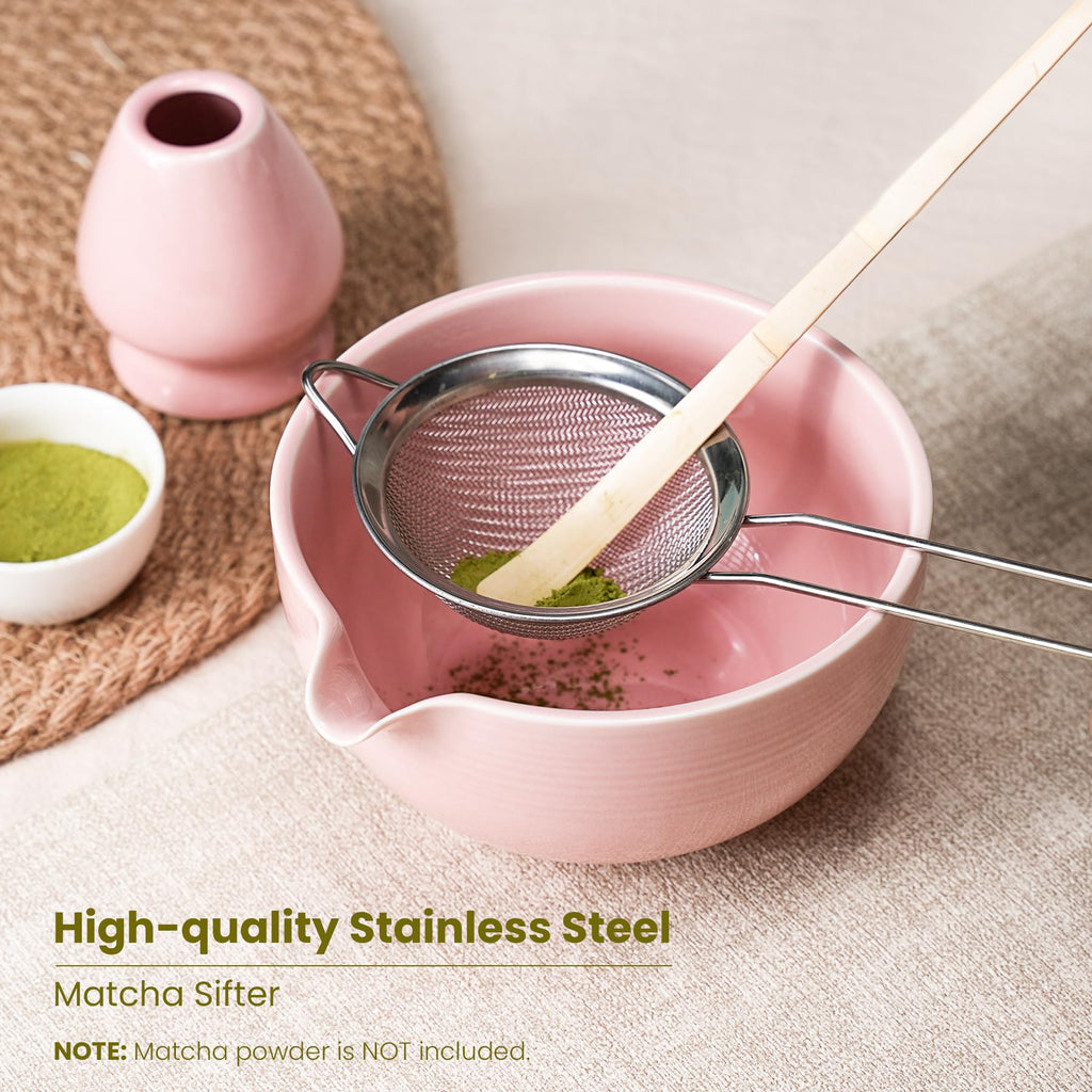 Matcha Whisk Set, Ceramic Bowl Matcha Kit & Handcrafted Bamboo Chasen, Complete 5 Pcs Matcha Set Whisk and Bowl, Stainless Steel Sifter, Bamboo Scoop & Holder for Matcha Lovers