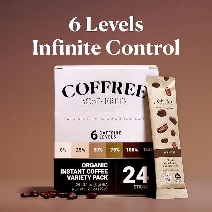 COFFREE Organic Instant Coffee Packets - Choose Your Caffeine Dose Variety Pack 0-150% - Low Acid, Mold Free Coffee Made with Arabica Coffee Beans - Hot or Cold Single Serve Packets 24 Count Box