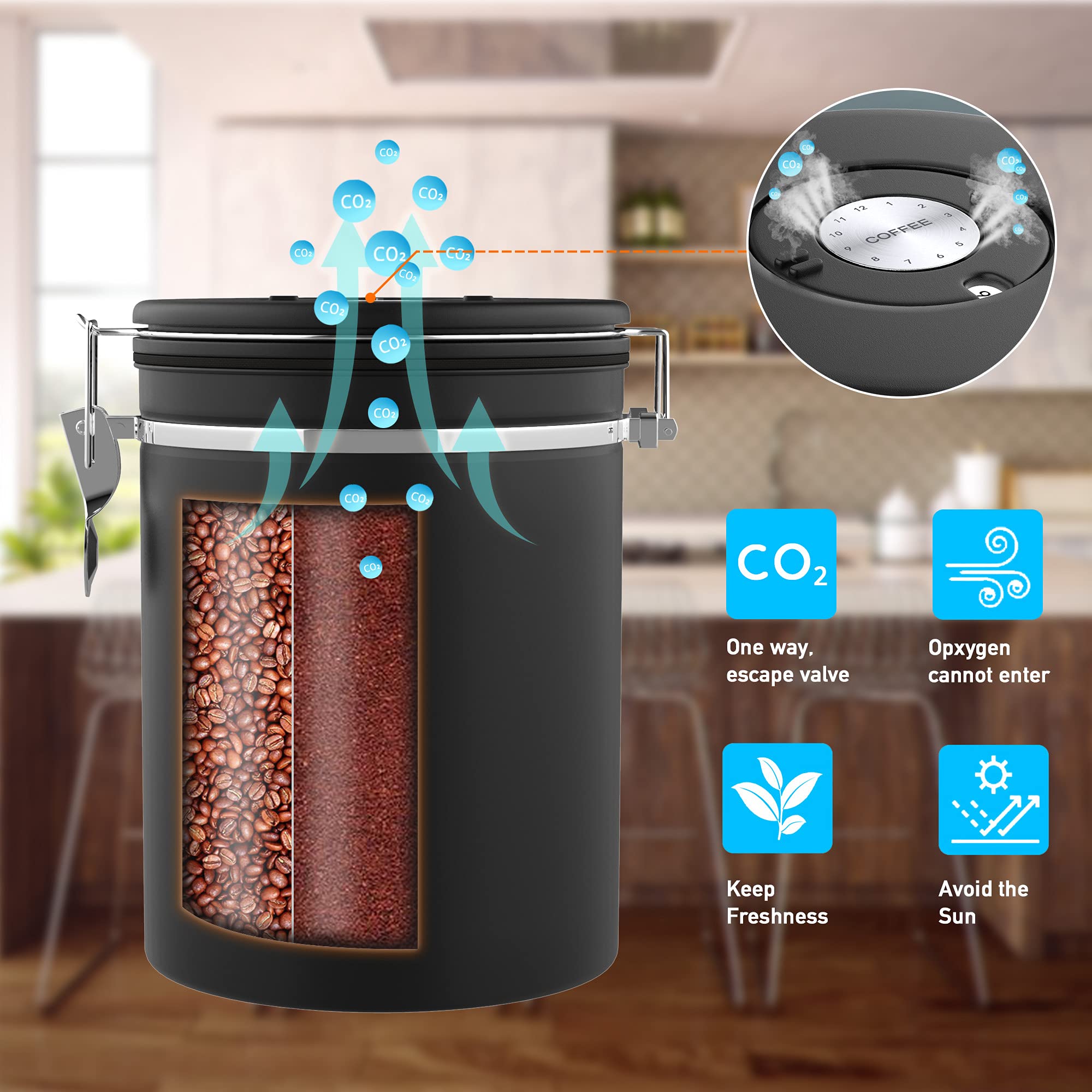 Miscedence Coffee Canister with Scoop,Date Tracker 304 Stainless Steel Airtight Container One-Way CO2 Valve for Coffee Beans,Tea,Sugar,Kitchen Storage (Black, 22oz)