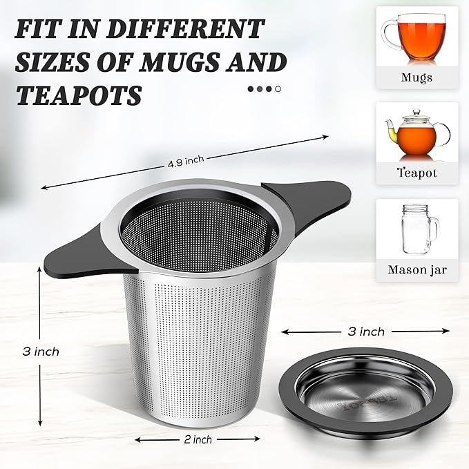 Upgraded Tea Infusers for Loose Tea, Silicone Covered Extra Fine Mesh 18/8 Stainless Steel Tea Strainer with Large Capacity & Double Handles to Steep Loose Leaf Tea and Coffee 2 Pack