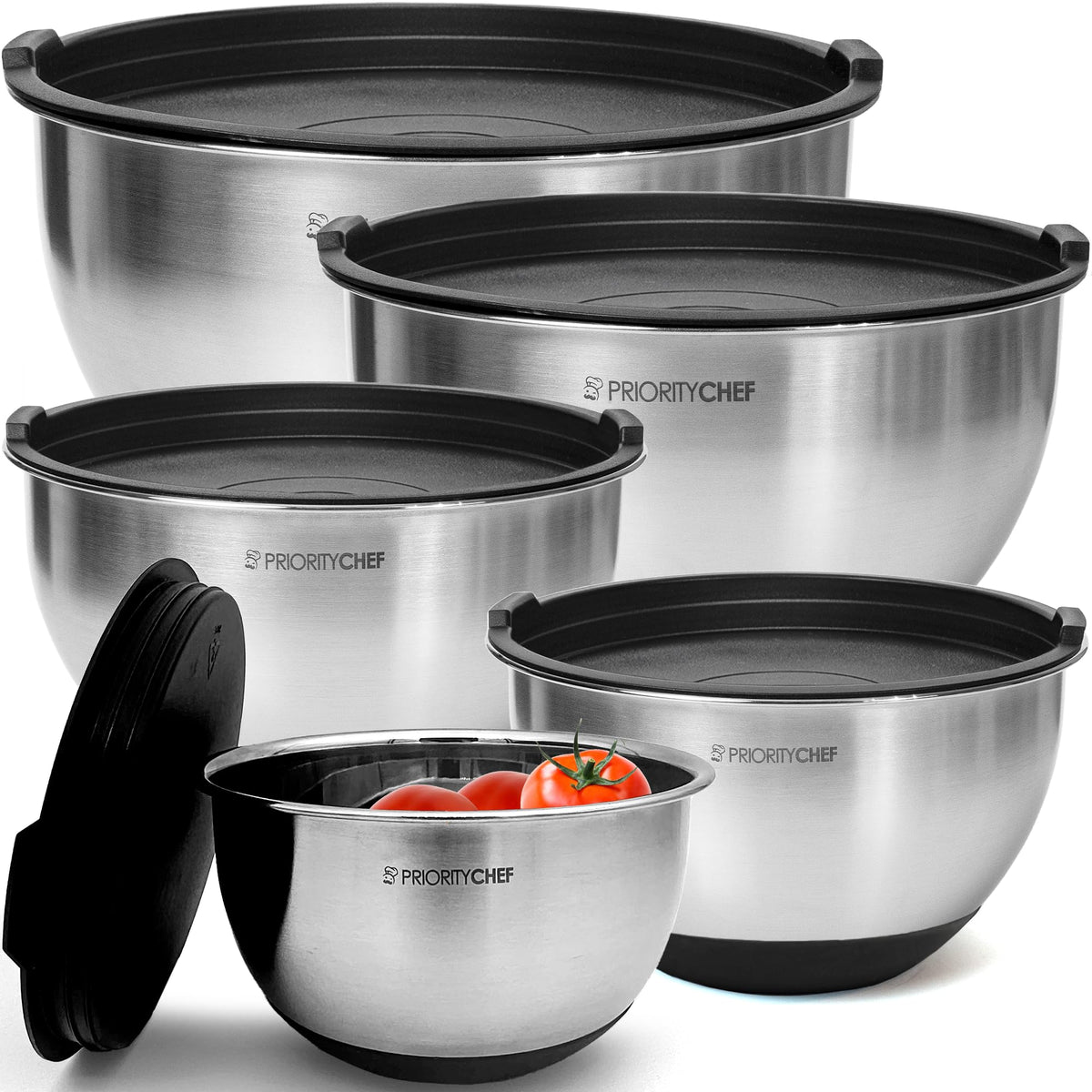 Priority Chef Premium Mixing Bowls With Airtight Lids Set, Thicker Stainless Steel Mixing Bowl Set, Large Prep Metal Bowls with Lids, Nesting Bowls for Kitchen, 1.5/2/3/4/5 Qrt, Red