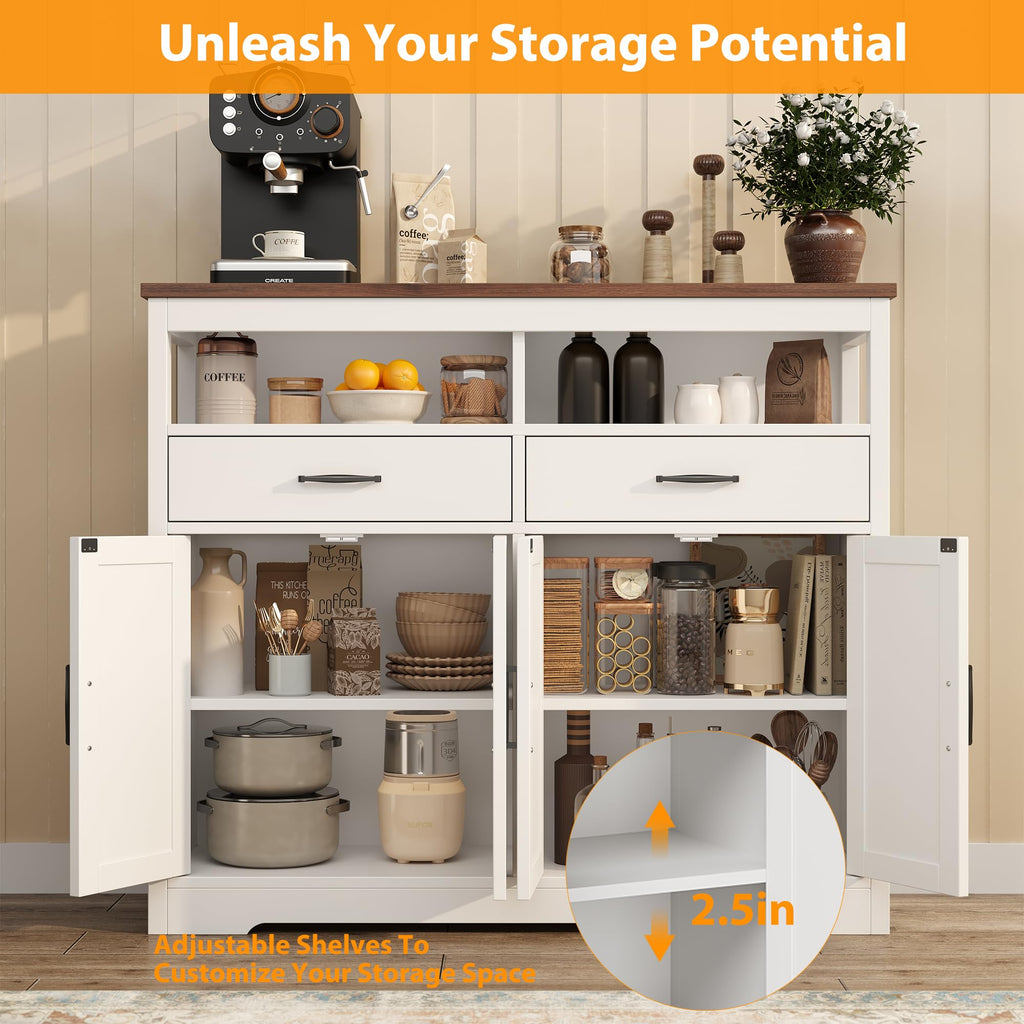 knoworld Buffet Sideboard with Storage Farmhouse with 4 Doors, 47'' Large Kitchen Storage Cabinet Wood Coffee Bar Cabinet Buffet Table with Shelves for Kitchen, Dining Room, Entryway, 47" W White