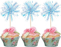 30 PCS Foil Firework Cupcake Toppers Happy Birthday Cupcake Toppers Sparkle Tinsel Flower Drink Stirrers Cocktail Fruit Toothpicks for Valentine's Day Baby Shower Party Cake Decor Supplies Blue