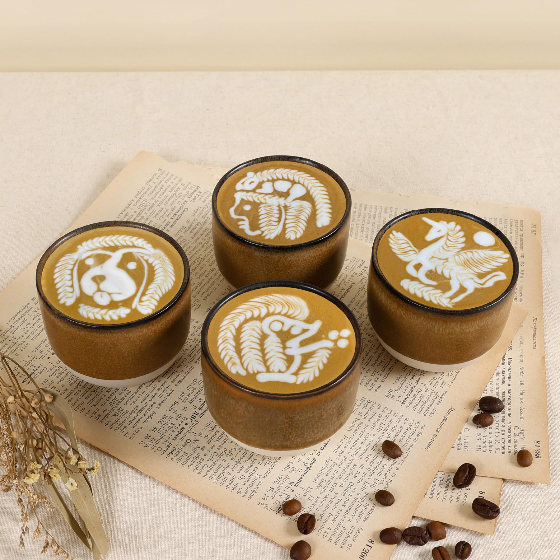 ZEBERBO Ceramic Espresso Cups Set of 4, Double Walled Espresso Coffee Mugs for Nespresso Cups, Special glazed Demitasse Cups Expresso Coffee Cup for Espresso Machine (Brown)