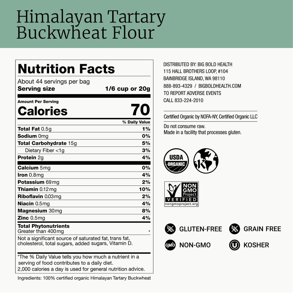 BIG BOLD HEALTH Organic Himalayan Tartary Buckwheat Flour - Gluten Free | Rich in Polyphenols & Antioxidants | 100% USDA Organic Grain-Free Flour | Non-GMO | USA Grown (2lb)