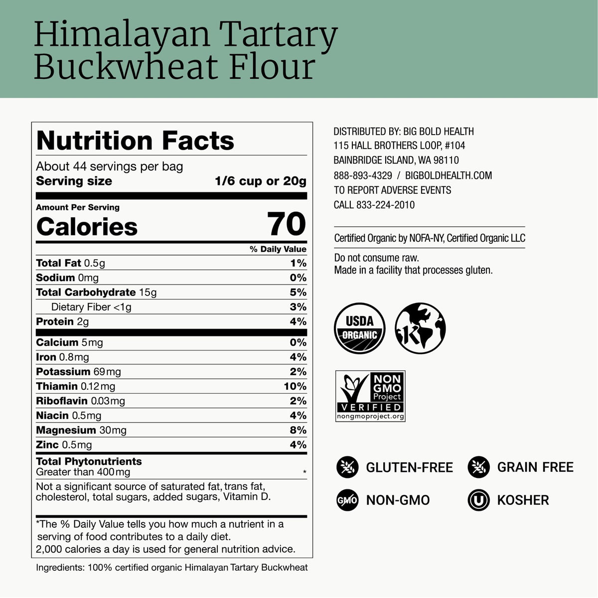 BIG BOLD HEALTH Organic Himalayan Tartary Buckwheat Flour - Gluten Free | Rich in Polyphenols & Antioxidants | 100% USDA Organic Grain-Free Flour | Non-GMO | USA Grown (2lb)
