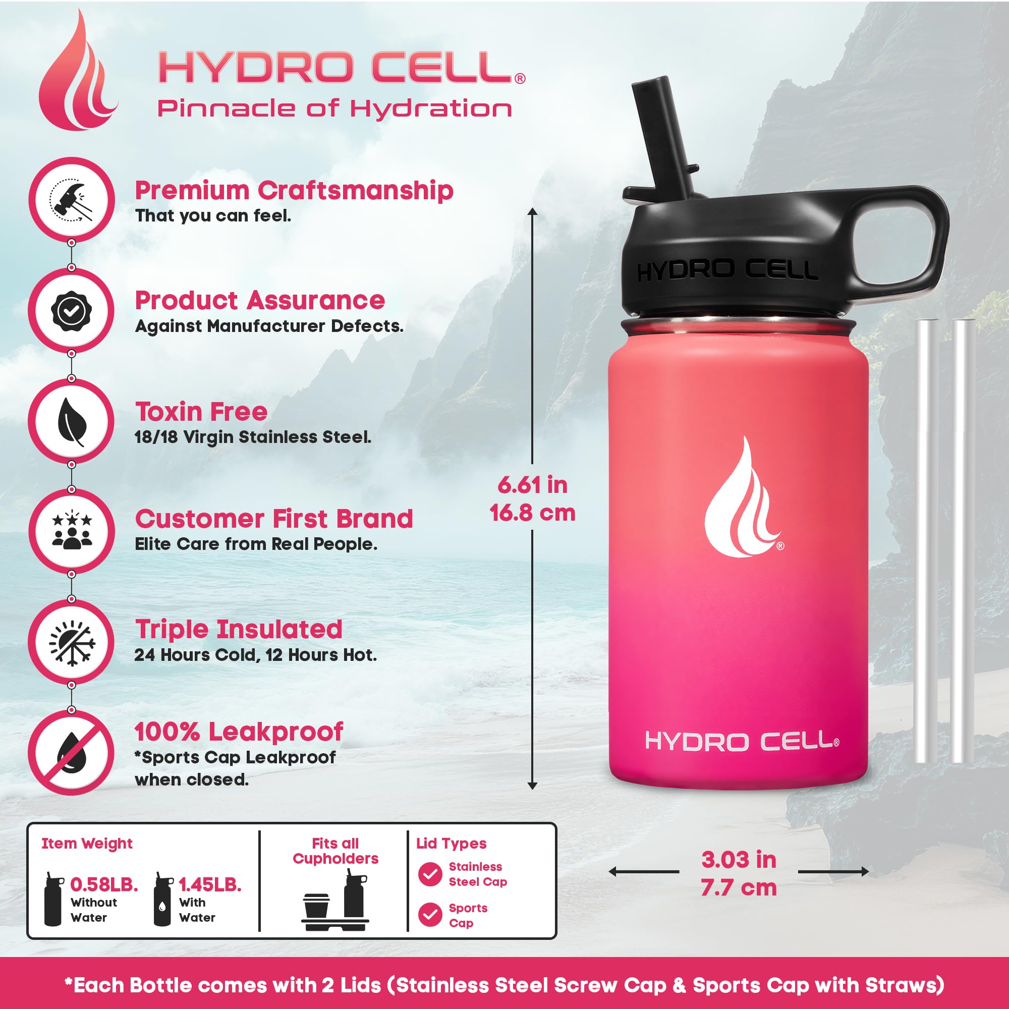 HYDRO CELL Stainless Steel Insulated Water Bottle with Straw - For Cold & Hot Drinks - Metal Vacuum Flask with Screw Cap and Modern Leakproof Sport Thermos for Adults (Coral/Punch 14oz)