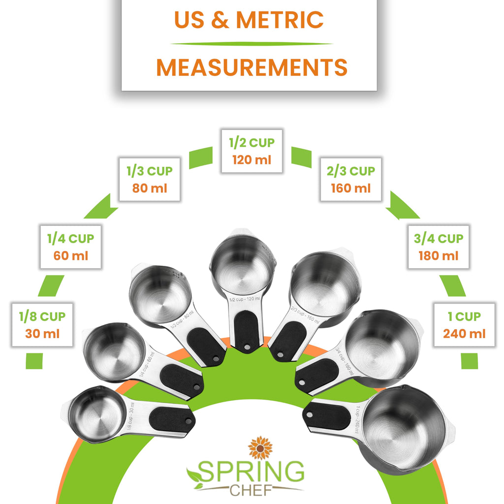 Spring Chef Magnetic Measuring Cups & Spoons Set (Patent Pending), Strong N45 Magnets, Heavy Duty Stainless Steel Fits in Spice Jars for Baking & Cooking, BPA Free, Round Set of 15 with Leveler, Black