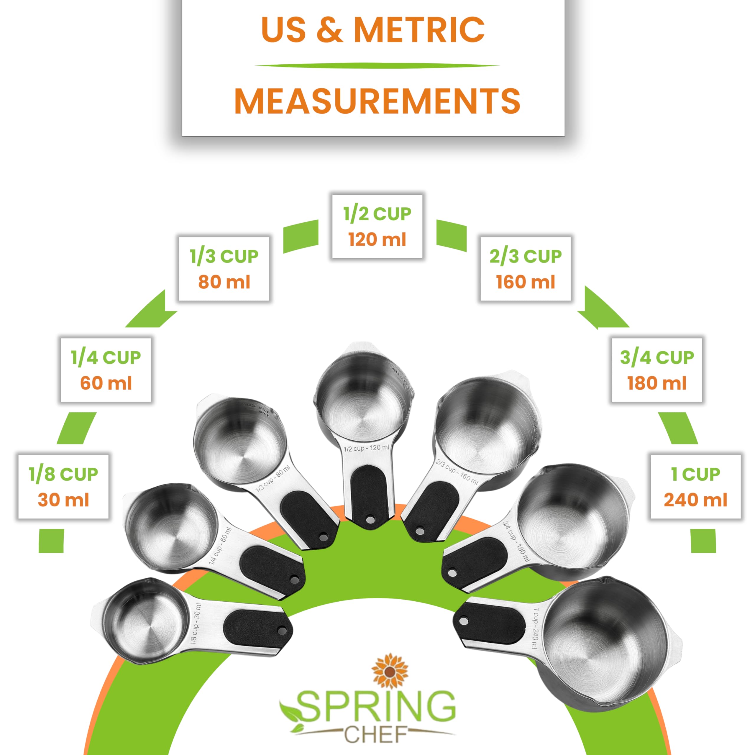Spring Chef Magnetic Measuring Cups & Spoons Set (Patent Pending), Strong N45 Magnets, Heavy Duty Stainless Steel Fits in Spice Jars for Baking & Cooking, BPA Free, Round Set of 15 with Leveler, Black