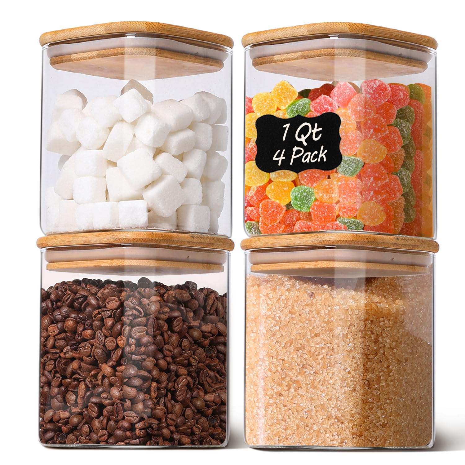 KTMAMA Glass Pantry Storage Containers with Bamboo Lids 1Qt 4 Pack Square